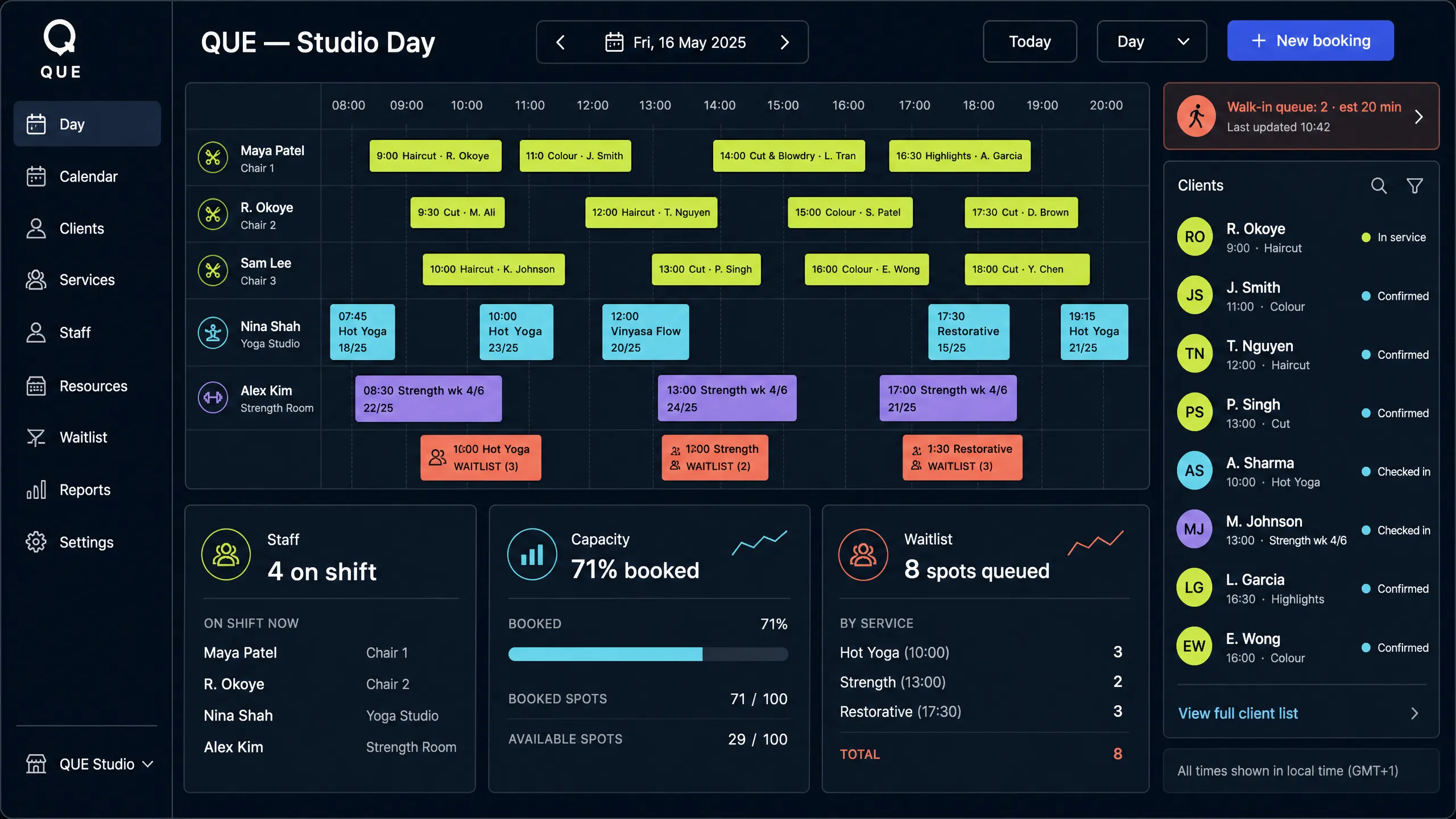 QUE Studio Day — booking, staff, capacity, customers and schedule in one view